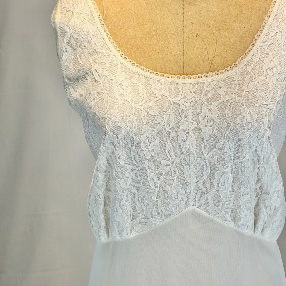 VINTAGE 70s white lace full dress slip nightgown lingerie layer midi plus‎ size - Picture 5 of 13